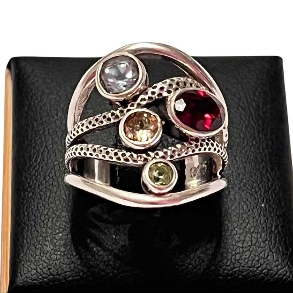 Gorgeous Artisan Sterling Silver Garnet Blue Topaz Citrine Peridot Ring